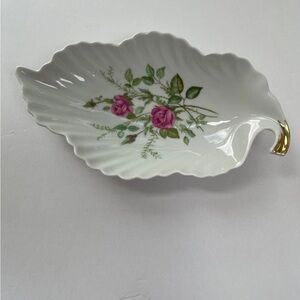 Old Nuremberg Bavaria Germany Porcelain Leaf Shape Candy Dish Roses Gold accent